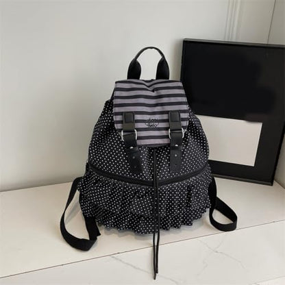 Cute Polka Dot Lace Backpack for Women Flap-top Casual Backpack Cute Nylon Bookbag - color: Black-