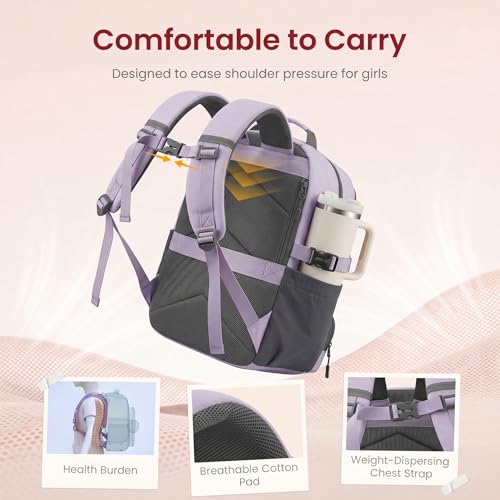 LOVEVOOK School Backpack for Teen Girls, Unique Style College Student Backpacks with Large Cup Holder, Cute Kid Bookbag with Pens Compartment, Large Capacity Back to School Backpack Fit 15.6'' Laptop - color: Purple Grey, size: Medium