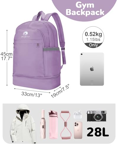 28L Small Gym Backpack with Shoe Compartment for Women, Waterproof Sports Backpack with Wet Pocket, Purple - color: Purple