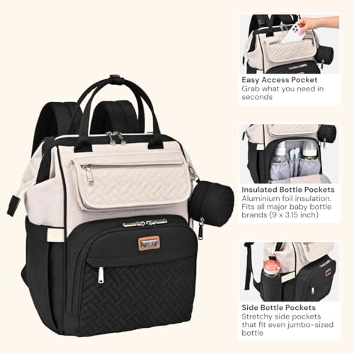 BabbleRoo Diaper Bag Backpack, Multifunction Nappy Changing Bag with Changing Pad, Stroller Straps & Pacifier Case, Unisex Stylish Travel Back Pack for Moms & Dads – Apricot & Black - color: Black & Apricot