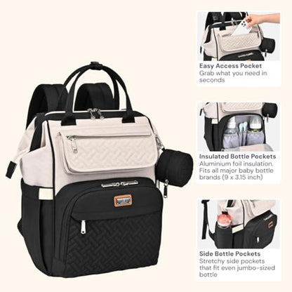BabbleRoo Diaper Bag Backpack, Multifunction Nappy Changing Bag with Changing Pad, Stroller Straps & Pacifier Case, Unisex Stylish Travel Back Pack for Moms & Dads – Apricot & Black - color: Black & Apricot
