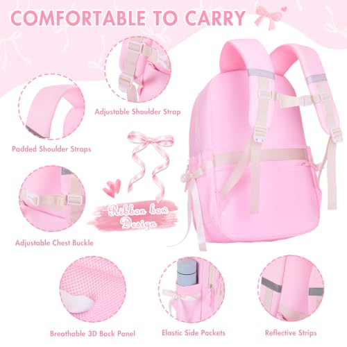 Kids Backpack for Girls - 3PCS Cute Embroidered Bow Girls Backpack with Insulated Lunch Bag & Pencil Case - Bookbag for Teen Women Middle High School College Work Travel Daypack - color: Pink Beige