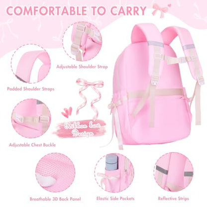 Kids Backpack for Girls - 3PCS Cute Embroidered Bow Girls Backpack with Insulated Lunch Bag & Pencil Case - Bookbag for Teen Women Middle High School College Work Travel Daypack - color: Pink Beige