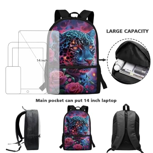 ZDCUSTOM Girls School Backpacks Set 5PCS with Lunch Box, Large Capacity Leopard School Backpack for Girls, Cool Bookbag with Pencil Case Water Bottle Holder Keychain, Elementary School Bags - color: Rose Leopard