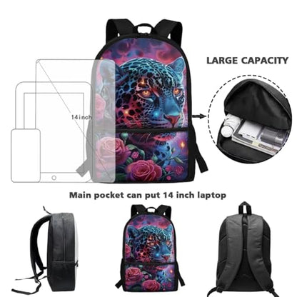 ZDCUSTOM Girls School Backpacks Set 5PCS with Lunch Box, Large Capacity Leopard School Backpack for Girls, Cool Bookbag with Pencil Case Water Bottle Holder Keychain, Elementary School Bags - color: Rose Leopard