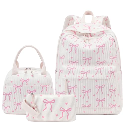 LEDAOU Kids Backpack for Girls Backpacks with Lunch Box, Lightweight Bookbag Set Elementary Middle School Back pack for 8-14 - color: A-bow Tie Beige