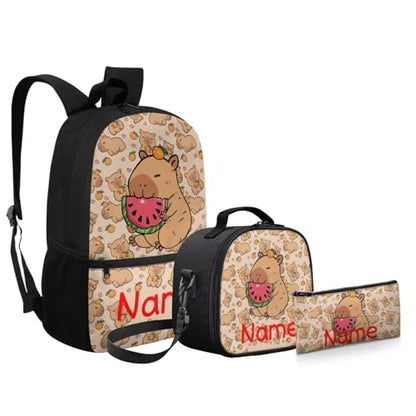 3 PCS Capybara Backpacks for Kids Custom Name School Backpack Bookbag with Reusable Lunch Box Pencil Case Pouch Set Add Your Kids Name Personalized Schoolbag - color: Capybara+name