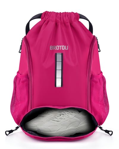 BROTOU Soccer Drawstring Backpack, Basketball Bag, Volleyball Football Bags with Ball and Shoe Compartment - color: Rose Red