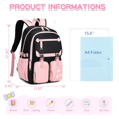 MOONBABY Girls Backpack with Lunch Box & Pencil Case for Kids Teens Bookbag for Elementary Primary Middle High School Daypack - color: Pink