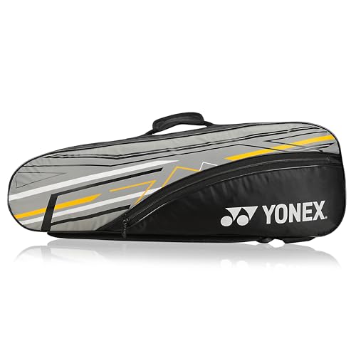 Yonex Stylish Badminton Kit-Bag |Double Zipper Compartment for Storage of 6 Rackets and Clothes|Side Pocket |Back Straps |Accessories Compartment |Made in India - color: BLACK GREY DARK YELLOW
