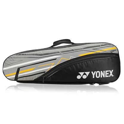 Yonex Stylish Badminton Kit-Bag |Double Zipper Compartment for Storage of 6 Rackets and Clothes|Side Pocket |Back Straps |Accessories Compartment |Made in India - color: BLACK GREY DARK YELLOW