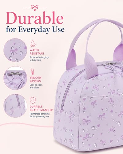 CAMTOP Girls Backpack with Lunch Box Set, Cute Bow School Backpack for Kids, 3-in-1 Lightweight Lunch Bag and Pencil Pouch - color: Purple Heart Bow