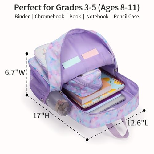Kids Backpack for Girls - 17 Inch Insulated School Bag Ages 8-10 | Elementary Backpack for Grades 3-5, Fits Binder Laptop, Insulated Pocket, Reflective Strips, S-Curve Straps, Purple Tie Dye - color: Purple Tie-dye