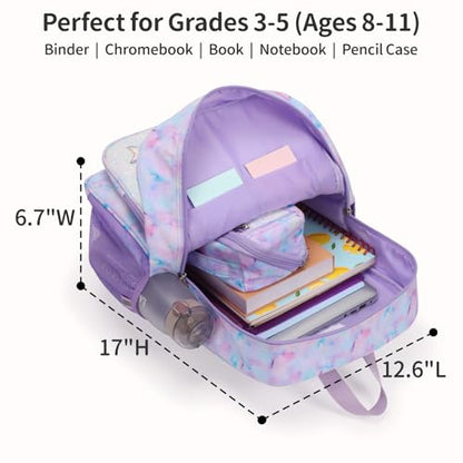 Kids Backpack for Girls - 17 Inch Insulated School Bag Ages 8-10 | Elementary Backpack for Grades 3-5, Fits Binder Laptop, Insulated Pocket, Reflective Strips, S-Curve Straps, Purple Tie Dye - color: Purple Tie-dye