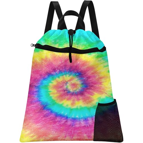 Tie Dye Drawstring Backpack, 15” x 17” Waterproof Swim Bag for Beach Swimming Pool, Lightweight Foldable Gym Bag with Water Bottle Holder for Sports Travel - color: Tie Dye