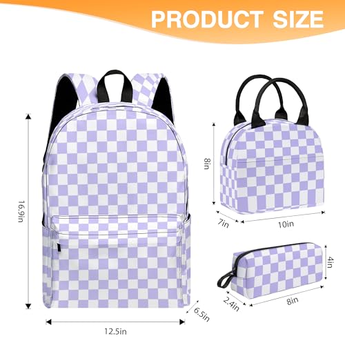 3PCS Backpack for Girls, Kids School Backpack Sets with Lunch Bag Pencil Case, Large Capacity 17 Inch Bookpack 3 in 1 Set for Teens Elementary Middle High School Students (Checker) - color: Pink Checker