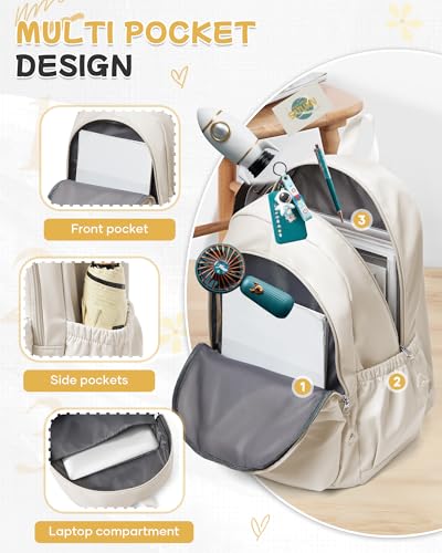 BJLFS Beige Backpack for School Women Girls, Waterproof Book bags Cute High School Backpacks for Men Teen Boys, Lightweight Travel College Backpack Mochilas Escolares para Daypack Ruckssack - color: A0-beige