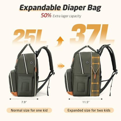 Diaper Bag Backpack - Extra Large Diaper Bag for 2 Kids Twin, Travel Baby Bags for Mom Dad 25-37L Expandable with Changing Pad Earphone Hole, Solid Green - color: Solid Green