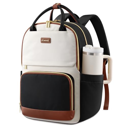 LOVEVOOK Laptop Backpack for Women with Giant Tumbler Holder Pocket, 15.6 inch Travel Work Backpack Purse for Teacher Nurse, Waterproof College Book Bag Cute Casual Daypack, Beige-Black-Brown - color: Black White Brown, size: 15.6 inch