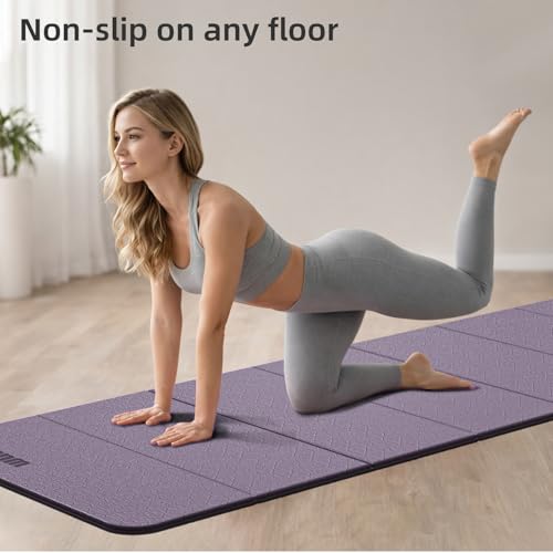Folding Yoga Mat Extra Thick 0.4 Inch, Foldable Yoga Mat 75 x 26 Inches, TPE Exercise Mat, 7-Panel Non Slip Cushioned Fitness Mat for Yoga, Pilates, Stretching, Home Workout - color: Purple