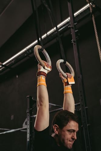 Velites - Official Games Quad Pro Grips - with Chalk - Wristbands Included - Pull-ups, Muscle-ups, and Toes-to-bar - color: Orange, size: Large