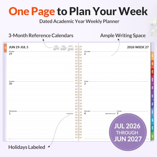 SUNEE Academic Planner 2026-2027 – Weekly & Monthly Planner, July 2026 to June 2027, 8.5"x11", Thick Paper, Tabs, Pockets, Bookmark, Spiral-Bound, Student Teacher Organizer, Purple - color: Purple