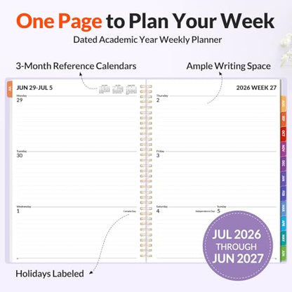 SUNEE Academic Planner 2026-2027 – Weekly & Monthly Planner, July 2026 to June 2027, 8.5"x11", Thick Paper, Tabs, Pockets, Bookmark, Spiral-Bound, Student Teacher Organizer, Purple - color: Purple