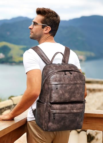 Vegan Leather Backpack for Women and Men, Fits 16.0 Inch Laptop, Multi-Pocket Design with Water Bottle and Luggage Strap, Ideal for Work, Travel, and Daily Use, Coffee - color: 4-1 Coffee