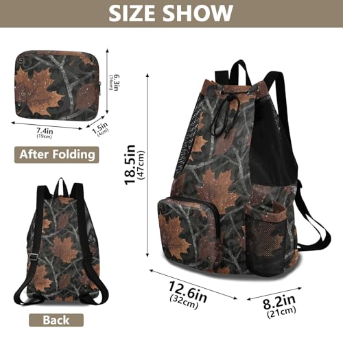 Drawstring Gym Sackpack With Pockets Drawstring Backpacks with Wet Dry Compartments Camouflage Maple Leaf Rain Brown Black