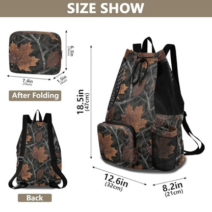Drawstring Gym Sackpack With Pockets Drawstring Backpacks with Wet Dry Compartments Camouflage Maple Leaf Rain Brown Black