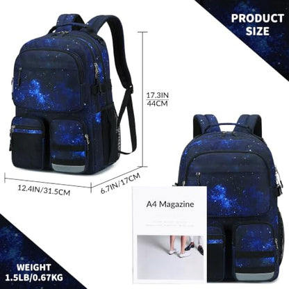 Lohol Water Resistant Backpack with Multifunctional Pockets for Teens, Durable Bookbag fits 15.6 inch Laptop for School Travel College, 25L (Black Blue Galaxy) - color: Black Blue Galaxy
