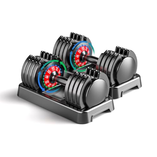 Adjustable Dumbbell Set of 2, 110lbs/50lbs Free Weights Dumbbell Set, 5-in-1/10-in-1 Quick-Lock Hand Weights, 25lbs/55lbs Pair with Anti-Slip Texture Handle, Weight Set For Home Gym Suit both Men and Women - color: Red 55LB Set of 2（Round）5 in 1