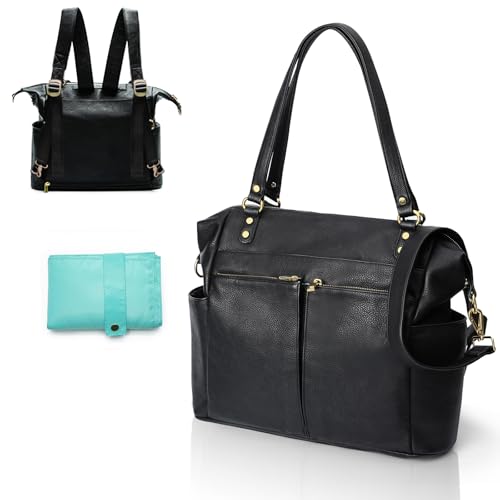 MOMINSIDE Diaper Bag Tote, 4 in 1 Leather Diaper Bag Backpack with 13 Pockets, Convertible Baby Bag Pañaleras Para Bebe for Mom Mommy Bag Hospital Bag, Changing Pad, 4 Large Insulated Pockets(Black) - color: Black