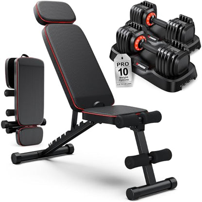 Adjustable Dumbbells Set of 2, 1 Hand Adjustable Weights Dumbbell Set and Workout Bench, 25/55/80lb Pair Weight Set For Home Gym Suit both Men and Women, Compact for Small Space Apartment Room - color: Pro-25lbs-10weights Dumbbells+Bench