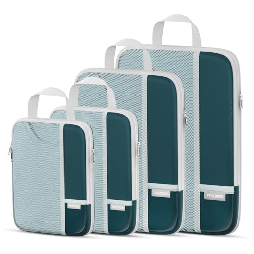 Percover Compression Packing Cubes for Travel, 4-Piece Structured Compression Organizer Set with Label Pockets for Carry-On & Checked Luggage, Peacock Green - color: Peacock Green, size: 4 Set
