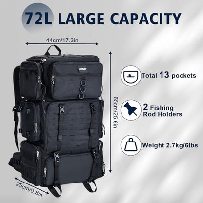 Goture Fishing Backpack with Cooler, 72L 600D Tackle Backpack Included 4 3700 Tackle Boxes, Dry & Wet Split Compartment, Large Fishing Tackle Bag with Rod Holders,Rain Cover for Travel Camping Hiking - color: Black (with 4 3700 Tackle Boxes)