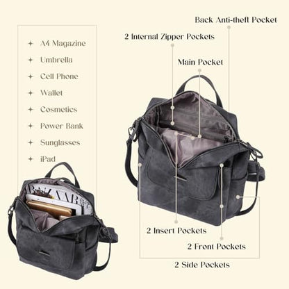 Backpack Purse for Women, Women Backpack Purse Small Leather Waterproof Anti-theft Shoulder Bags Handbags Ladies - color: Black Grey