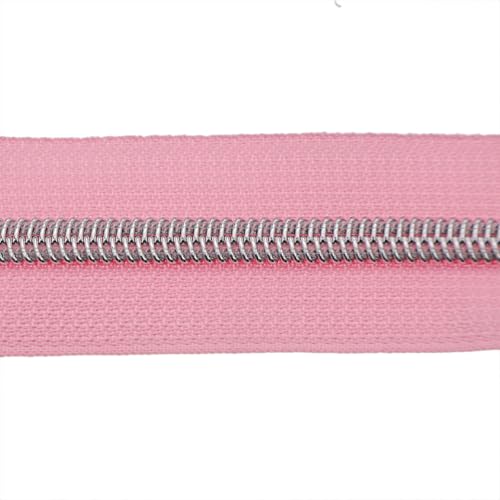 #5 Silver Metallic Nylon Coil Zippers by Yard Bulk Coil Zipper Roll 10 Yards with 25pcs Silver Pull for DIY Sewing Craft Bag(Pink) YIGUANXIN - color: Pink-Silver