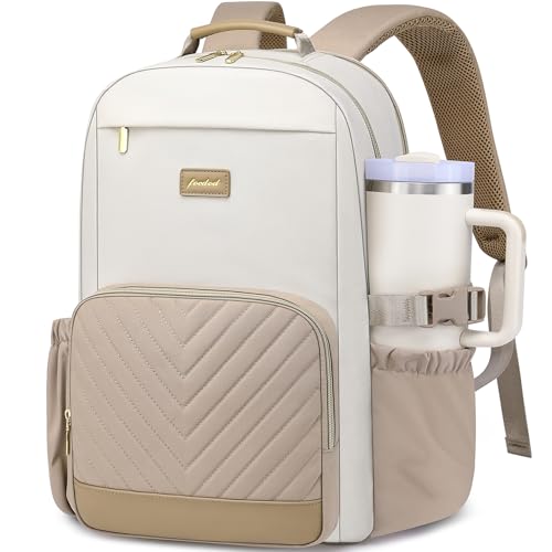 Laptop Backpack for Women Bookbag: 15.6 inch Work School Backpacks with Pouch Pocket for Large Capacity Cup & USB Charger College Book Bag Travel Business Nurse Teacher Bookbags Anti-theft Back Pack - color: Khaki Beige, size: 15.6 inch