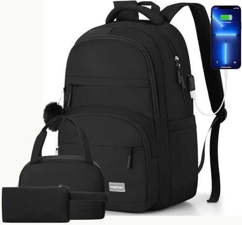 YAMTION Black School Backpack Set for Women,High School Bookbag for Girls Middle School Bags for Kids with Charger Ports for College Work - color: Black, size: 15.6 inch (3 pack)