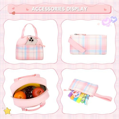 MUSEVOS Girls Backpack with Lunch Bag, Kindergarten Elementary Middle School Backpack, Multiple Compartments Large Capacity Kids Bookbag 3 Pcs Set(Pink) - color: Pink-3pcs Set