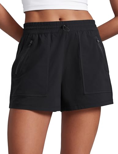 CRZ YOGA High Waisted Hiking Shorts for Women 3" - Water Resistant Cargo for Athletic Travel Outdoor with Zip Pockets - color: Black, size: Small