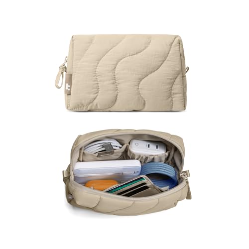 tomtoc Electronics Organizer Travel Case, Soft Puffy Organizer Bag Birthday Gifts Travel Essentials for Women Girls, Portable Accessory Tech Pouch Storage for Charger, Cord, Cable, Phone - color: Dune Shade