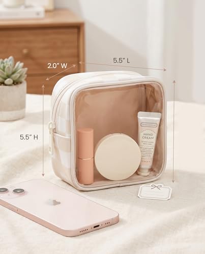 Clear Checkered Makeup Bag, Small Cosmetic Pouch with Zipper Mini Waterproof Makeup Purse Organizer Cute Cosmetic Bag Travel TSA Approved Toiletry Bag Car Organizer for Women Girls (Beige) - color: Beige