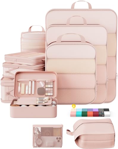 Veken 10 Set Compression Packing Cubes for Travel Essentials,Compressible Expandable Large Luggage Suitcase Organizer Bags for Clothing,Durable Space Saver Storage Bags with Makeup Bag(Beige) - color: Beige, size: 10 set