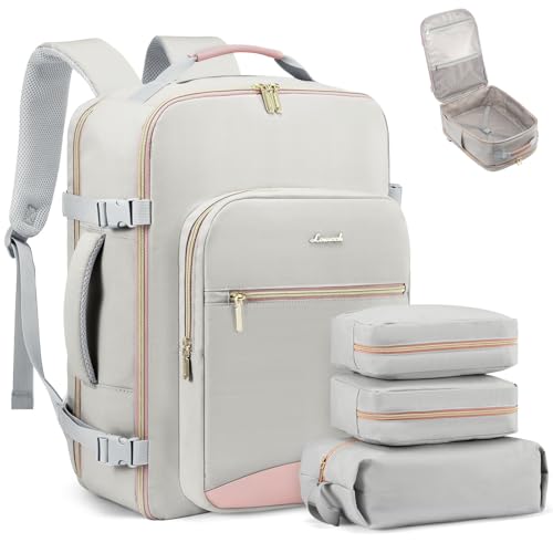 LOVEVOOK 40L Travel Backpack Flight Approved Carry on Backpack,3 Packing Cubes,Waterproof Personal Item Travel Bag,TSA Carry on Luggage Suitcase Travel Essentials,Gifts for Women & Men,fits 17" Laptop - color: A-light Gray-pink, size: Large-40L-4Pcs