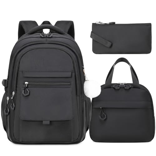 GeeWin Backpacks for Girls, Girls Backpack with Lunch Box & Pencil Case Set, 17 Inch Waterproof Girl Bookbag with Lots of Pockets for Kids, Teens, Elementary Middle High College School Student(Black) - color: Black