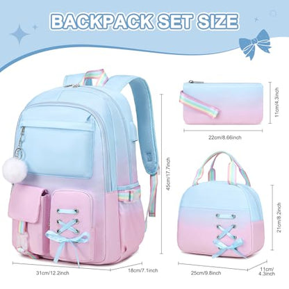 Scothen Backpacks for Girls, Girls Backpack with Lunch Box & Pencil Pouch for Teens Girl Kids Elementary Middle High School College Student Bookbag Daypack Laptop Travel Backpack for Women - color: Blue Purple