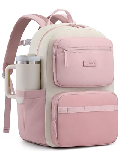 LOVEVOOK Laptop Backpack for Women, School Backpack for Teen Girls with Large Cup Holder, Lightweight Bookbag for College,Work,Travel fits 15.6 Inch Laptop,Pink - color: Beige-pink-a, size: 15.6 Inch