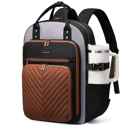 LOVEVOOK Laptop Backpack for Women, Water Resistant Travel Work Backpacks Purse Stylish Business Teacher Nurse Computer - color: Black-gray Brown, size: 15.6 inch-Standard Laptop Compartment
